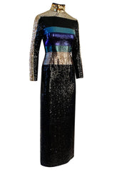 Late 1970s Pierre Cardin Blue Green & Gold Striped Black Sequin Dress w High Collar