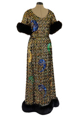 Late 1960s Oscar De La Renta Gold Sequin & Huge Paillettes Detailed Dress w Mink Cuffs