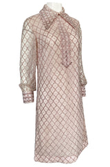 1960s Valentina Inc Pink Beaded Shift Dress w Front Collar Detailing