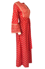 Lovely 1960s Red & White Print Indian Cotton Caftan Dress