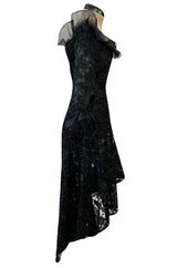 Spring 1987 Yves Saint Laurent Runway Black Net & Raffia High Low Dress w Ruffle Detail