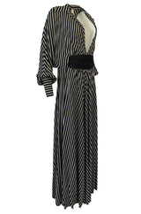 1980s Bernard Perris Black and White Kimono Plunging Caftan Dress