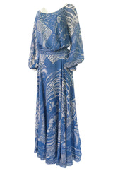 1960s Emilo Pucci Pretty Blue Silk Print Chiffon Top and Skirt Maxi Dress