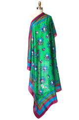 Huge 1970s Yves Saint Laurent Green & Pink Floral Cotton and Silk Scarf