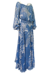 1960s Emilo Pucci Pretty Blue Silk Print Chiffon Top and Skirt Maxi Dress