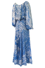 1960s Emilo Pucci Pretty Blue Silk Print Chiffon Top and Skirt Maxi Dress