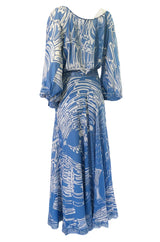 1960s Emilo Pucci Pretty Blue Silk Print Chiffon Top and Skirt Maxi Dress