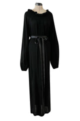 Gorgeous 1970s Givenchy Black Silk Crepe Jersey Dress w Gathered Neckline & Pouf Sleeves