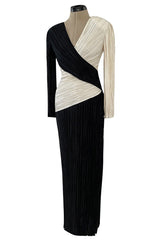 Spring 1980 Mary McFadden Black & Ivory Cross Over Plunge Front & Back Pleated Dress
