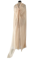 Incredible Spring 1985 Chanel by Karl Lagerfeld Pale Nude Silk Chiffon Dress w Attached Cape