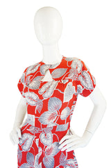 1940s Lily Print Red Rayon Swing Dress