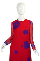 1970s Hanae Mori Silk Chiffon Cherry Red & Purple Dress