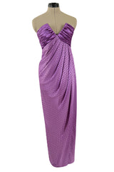 Fall 1985 Emanuel Ungaro Runway Structured Bodice Strapless Dress Made from a Dotted Purple Silk