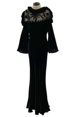 Gorgeous 1930s Bias Cut Silk Velvet Dress w Silk Mesh & Applique Detailing & Incredible Sleeves