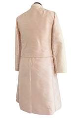 Late 1960s Malcolm Starr Butterfly Embroidered Collar Pale Pink Silk Shift Dress & Jacket Set