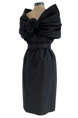 Exceptional Late 1970s Ady Couture Lausanne Black Silk Dress w Dramatic Wide Collar Shoulder Wrap