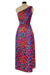 Prettiest 1970s Bergdorf Goodman One Shoulder Silk Brocade Woven Pink Rose Dress