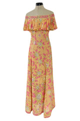 Prettiest 1960s Emilio Pucci Pink & Yellow Print on Peach Silk Chiffon Ruffled Off Shoulder Dress