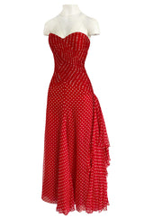 Important Spring 1986 Valentino Haute Couture Red & White Dot Strapless Silk Chiffon Dress
