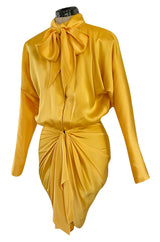 1980s Ady Couture Lausanne Yellow Bias Cut Silk Satin Two Way Tunic or Mini Dress
