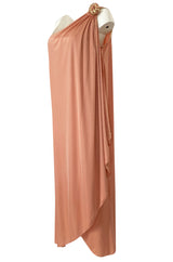 1981 Bill Tice Nude Peach Colour One Shoulder Dress w Gold Detailing