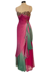 1980s Vicky Tiel Couture Pink & Greem Silk Chiffon Dress w Bead & Sequin Bodice