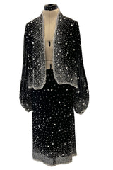 Gorgeous 1983 Halston Beaded Black Silk Chiffon Skirt & Jacket Set w Balloon Sleeves