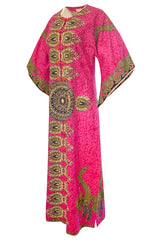1960s Unlabeled Pink Thai Print Cotton Caftan Dress w Frog Knot Detail