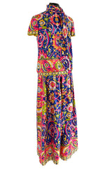 1970s Lanvin Couture Fine Silk Twill Brilliantly Scarf Neck Top & Extra Wide Cut Pant Set