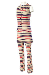 1970s Givenchy Taupe Red and Blue Striped Knit Jersey Pant & Top Set