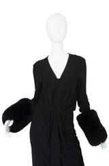 1980s Halston Fur Cuff Black Jersey Gown