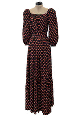 Incredible 1970s Givenchy Demi-Couture Pinecone Print Ruffle Skirt & Peaked Shoulder Top Set