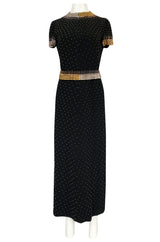 1971-73 Donald Brooks Brass and Silver Stud & Bead Black Crepe Dress