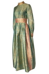 1960s George Halley Gold Metallic Blue-Green & Dusty Pink Lame Dress