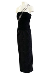 1970s James Galanos Couture Textured Puff Silk One Shoulder Dress w Transparent Lace Inset