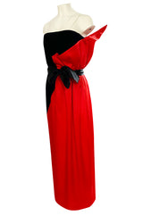 Dramatic 1970s Bill Blass Red Silk & Black Velvet Strapless 'Flame' Dress