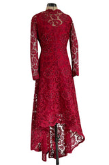 1986 Arnold Scaasi Couture Deep Red Lace Dress w Rhinestone Detailing & Trained Back Skirt