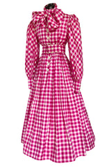 Spectacular Early 1960s Norman Norell Pink Gingham Silk Taffeta Dress w Bow & Pouf Sleeves