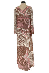 Wonderful 1960s Emilio Pucci Pink & Taupe Printed Silk Chiffon Caftan Dress