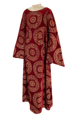 1930s Franco Bertoli Hand Painted Gold Patterned Caftan Dress on A Deep Red Silk Velvet