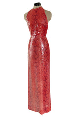 Documented 1974 Bill Blass Red Sequin & Snakeskin Print Ad Campaign Halter Dress