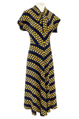 Gorgeous 1940s Yellow Dot & Deep Navy Black Chevron Print Silk Swing Dress