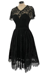 Gorgeous Late 1970s Pauline Trigere Black Wool Crepe Dress w Lace Skirt & Shoulders