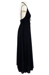 1970s Frank Usher Black Jersey Maxi Dress w Deep Front Plunge & No Back