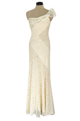 Romantic 2007 Valentino Ivory Silk Chiffon & Lace One Shoulder Bias Cut Dress