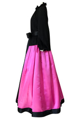 Fall 1977 Bill Blass Couture Full Pink Silk Satin Skirt & Black Top Dress Set