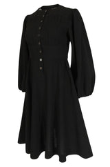 1972 Jean Muir Pin Tuck Detailed Huge Sleeve Black Crepe Dress