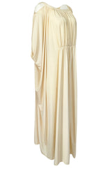 Rare 1970s Yuki Ivory Draped Jersey Open Shoulder Caftan Dress