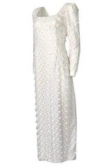 1970s Stavropoulos White Applique & Ivory Net Full Length Sheath Dress