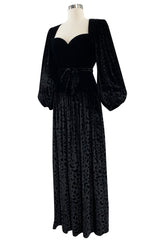 Fall 1986 Yves Saint Laurent Runway Black Patterned Velvet Dress w Sweetheart Neckline